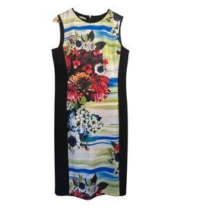 Maggy London Floral Print Sleeveless Dress Size 14 Multicolor Midi Sheath Artsy
